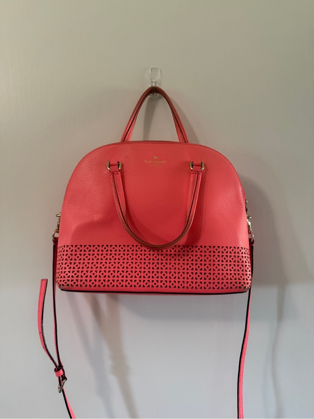 kate spade Coral Pink Perforated Dome Satchel with Crossbody Strap